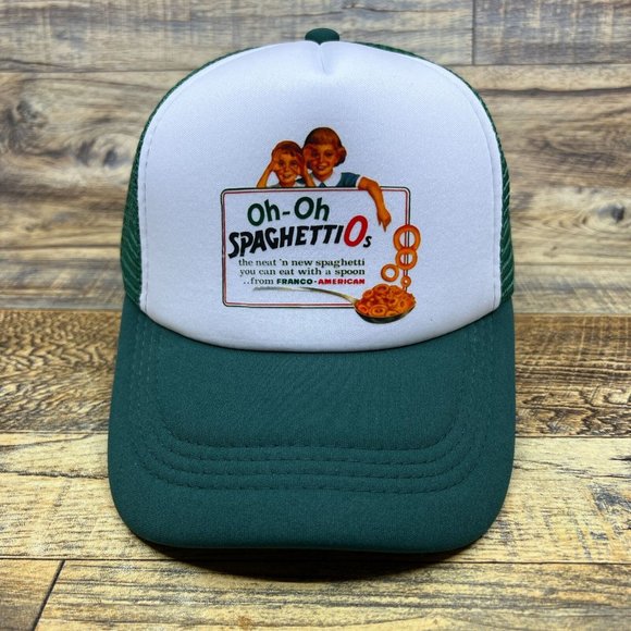 Spaghetti-O Mens Trucker Hat Green Snapback 60s Logo Vintage Food Drink Cap - Picture 2 of 8